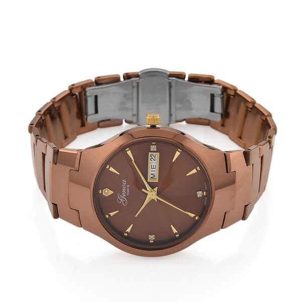 GENOA TIME V2 Uhr mit Japanischem VJ33 Quarzwerk, 36 mm, Zifferblatt mit Kristallen und Datumsanzeige, Armband aus Wolframstahl, 3 ATM wasserdicht, Coffee-Braun image number 5