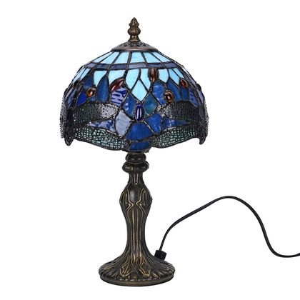 Handgefertigte Tiffany Stil Tischlampe im Blaue-Libellen-Design - Antiker Look mit farbigem Glas-Schirm und stabilem Zinklegierungsfu&szlig; in Kaffeeoptik. 20x20x37 cm, (Gl&uuml;hbirne nicht enthalten)
