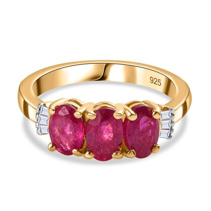 Afrikanischer Rubin (Fissure gef&uuml;llt), Wei&szlig;er Diamant Ring, 925 Silber Gelbgold Vermeil (Gr&ouml;&szlig;e 19.00), ca. 1.91 ct