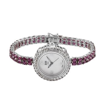 EON 1962 schweizer Uhrwerk - Rhodolith Granat und wei&szlig;e Zirkon Uhr, 19 cm, 925 Silber platiniert ca. 16.52 ct