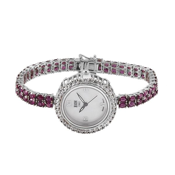 EON Rhodolith Granat und Zirkon-Uhr, 19 cm, 925 Silber platiniert, 16,52 ct.