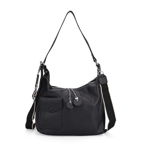 Echtleder-Umhängetasche mit Frontklappe und Rückfach, wahlweise kurzer Leder- oder langer Nylonriemen, 29.5x12x26 cm, Schwarz