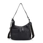 Echtleder-Umhängetasche mit Frontklappe und Rückfach, wahlweise kurzer Leder- oder langer Nylonriemen, 29.5x12x26 cm, Schwarz