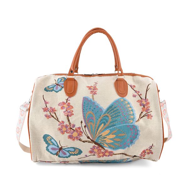 "Life style Color:White with blue butterfly print /Profile:Duffel bag wall(exterior):Polyester    Lining(interior): polyester; Pockets(exterior):Zipped-1 Pockets(interior):none Measurement:45*23*27cm         " image number 4