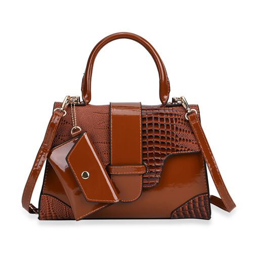 Premium PU Lackleder Handtasche mit Schlangen Prägung und extra Riemen, 28 x 19 x 11 cm, Cognac image number 0