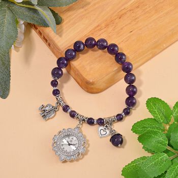 STRADA - Japanisches Uhrwerk, Afrikanischer Amethyst, Wei&szlig;er Kristall Flexible Uhr 18.5 cm 316L Edelstahl ca. 25.30 ct