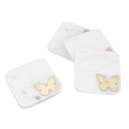 4er-Set, Marmor Untersetzer mit Messingintarsie, Schmetterling, Größe 10x10 cm, Weiß