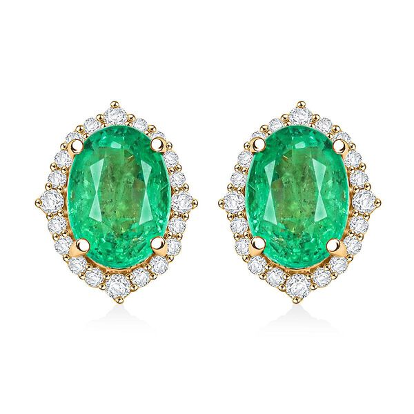 LUXORO AGI zertifizierte und gepr&uuml;fte AAA Kagem sambische Smaragd und Diamant Ohrringe in 417 Gelbgold - 1,75 ct.