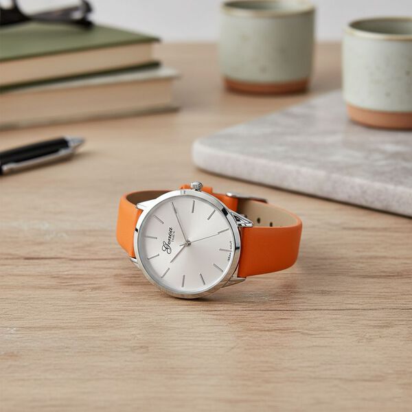 GENOA TIME V2 - Quarzuhr mit japanischem PC21S Werk, wei&szlig;em Zifferblatt und orangem Lederarmband, Edelstahl Geh&auml;use, 3 ATM wasserdicht image number 2