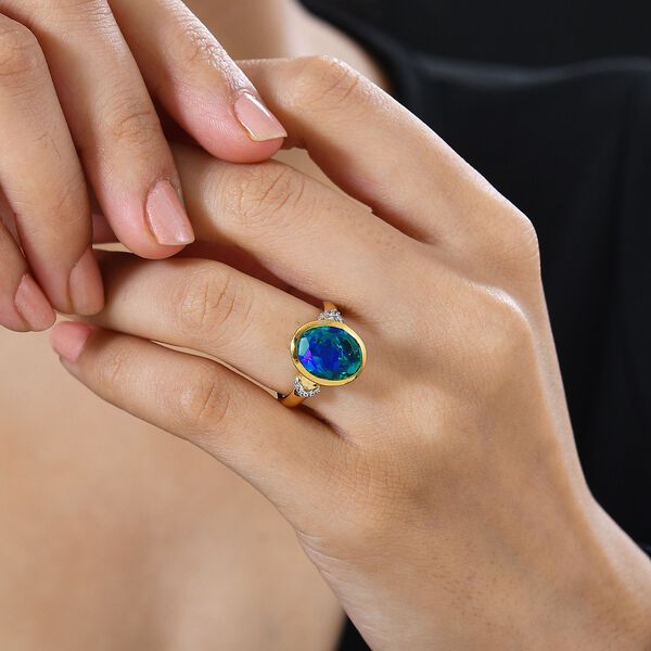 Pfau Quarz Triplette, Wei&szlig;er Zirkon Ring 925 Silber 750 Gelbgold Vermeil (Gr&ouml;&szlig;e 16.00) ca. 5,41 ct image number 3