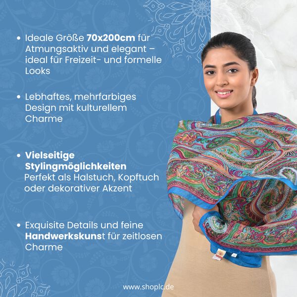 Bedruckter Schal aus 100% Seide, Mehrfarbiges Muster und blaue Bordüre, 70x200 cm image number 2