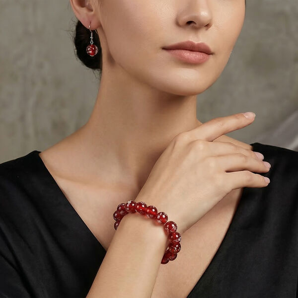 2er Set - Murano-Glasperlen Design, flexibles Armband und Ohrringe, Reiner Edelstahl, Rot image number 3