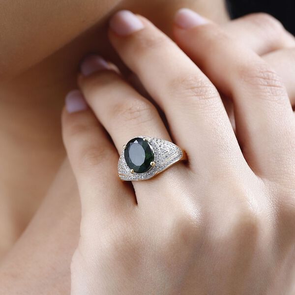 AA Natürlicher Chromdiopsid, Weißer Zirkon Ring, 925 Silber Gelbgold Vermeil (Größe 17.00), ca. 4.77 ct image number 3