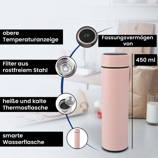 Thermobecher mit digitaler Temperaturanzeige aus Edelstahl, 500ml Rosa image number 3