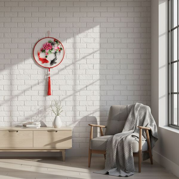 LIVMORE Doppelseitige Stickerei Seidenwanddekoration mit Jadequaste, 20cm, Fisch- und Blumenmuster image number 2