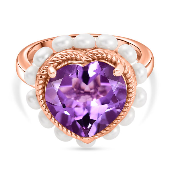 D'Joy - Herzbl&uuml;te AAA Rose De France Amethyst, S&uuml;&szlig;wasser Perle (3mm) Ring 925 Silber 750 Ros&eacute;gold Vermeil (Gr&ouml;&szlig;e 19.00) 7.37 ct