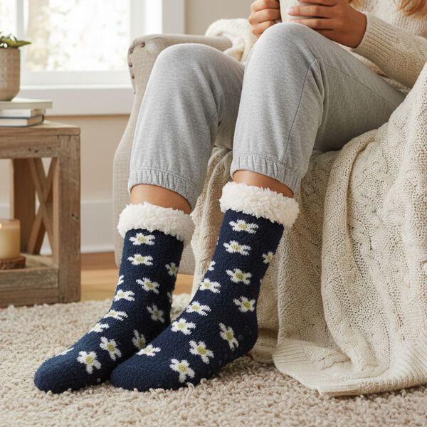 SHERPA Kuschelsocken mit Blumen-Design und rutschfester Sohle, Einheitsgr&ouml;&szlig;e, Dunkelblau image number 2