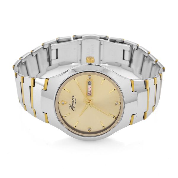 GENOA TIME V2 Uhr mit Japanischem VJ33 Quarzwerk, 36 mm, Zifferblatt mit Kristallen und Datumsanzeige, Armband aus Wolframstahl, 3 ATM wasserdicht, bicolor image number 4