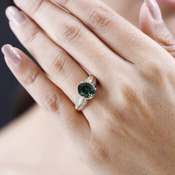 Nat&uuml;rlicher gr&uuml;ner Apatit, Wei&szlig;er Zirkon Ringe 925 Silber Gelbgold Vermeil (Gr&ouml;&szlig;e 21.00) ca. 2.83 ct