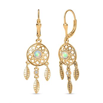 AA Nat&uuml;rlicher, &auml;thiopischer Welo Opal, Wei&szlig;er Zirkon Ohrringe 925 Silber 750 Gelbgold Vermeil ca. 0.45 ct