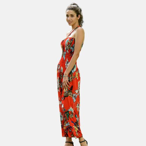 Gesmoktes Maxi-Kleid, Blumenmuster, Rot image number 1