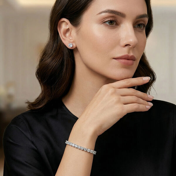 2er Set - Wei&szlig;er Zirkonia Armband und ohrstecker (Rund) Messing rhodiniert image number 3