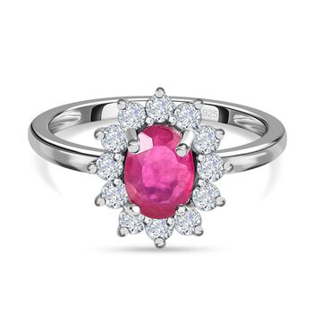 Afrikanischer Rubin (Fissure gef&uuml;llt) und wei&szlig;er Zirkon-Ring, 925 Silber platiniert (Gr&ouml;&szlig;e 16.00) ca. 1.55 ct