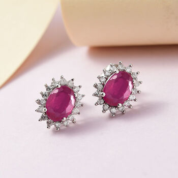 Afrikanischer Rubin (Fissure gef&uuml;llt), Wei&szlig;er Zirkon Ohrringe 925 Silber Platiniert ca. 3.28 ct