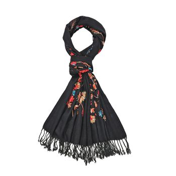 Bestickter Schal mit Fransen, Schwarz
