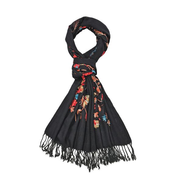 Bestickter Schal mit Fransen, Schwarz