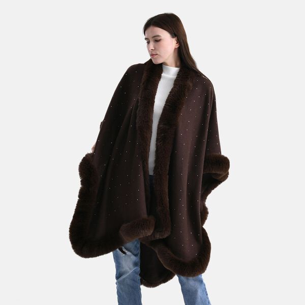 LA MAREY Poncho mit Kunstfellbesatz und Kristall-Detail, Braun, Einheitsgr&ouml;&szlig;e image number 4