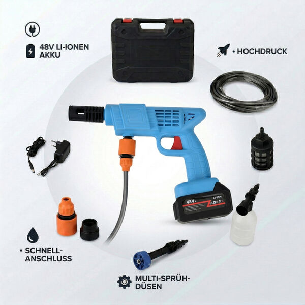 "Battery capacity: 6000 mAh*2pcs Charging time: 2 hours Use time: 15 minutes Motor power: 260 watts Accessories: 1 charger; 1 filter screen; 1 water bottle connector; 1 foam pot; 2 battery; 2 nozzles 1 pipe connector; 1 extended aluminum pipe; 1 5m water image number 2