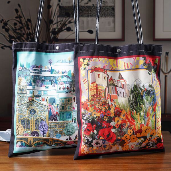 2er-Set Einkaufstaschen mit Stadt- und Blumen-Motiv, 34x40 cm, Schwarz image number 2