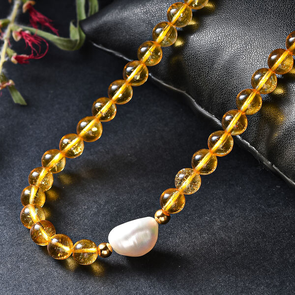 Citrin-Perlen und wei&szlig;e Barockperle Halskette, 45 cm image number 2