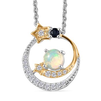 D'Joy AA &auml;thiopischer Welo Opal, blauer Saphir und Zirkon zweifarbiger Anh&auml;nger mit 50cm Kette - 0,37 ct.