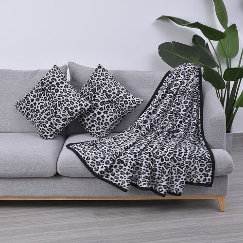 3er-Set Coral Fleece Decke und Kissenbezug, Leopardenmuster, Größe 150x200+45x45 cm, Schwarz und Weiß image number 0