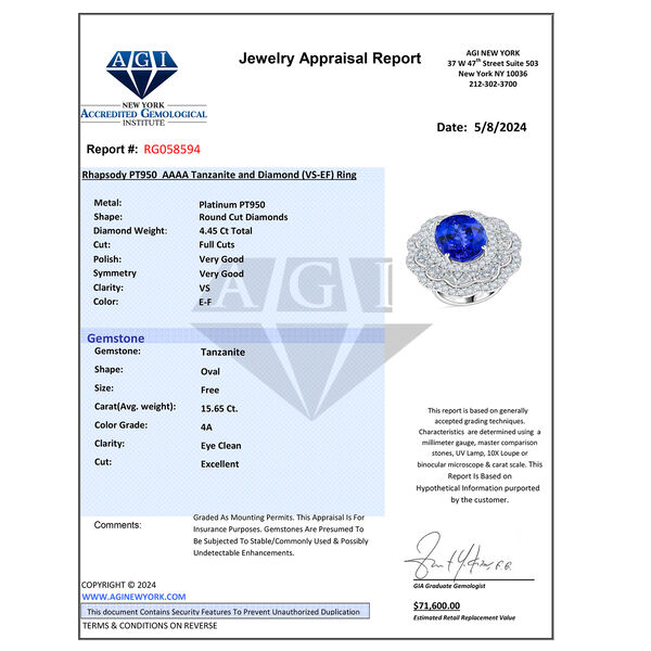 Chairman's Vault Collection - zertifiziert und gepr&uuml;ft RHAPSODY AAAA Tansanit und VS-EF Diamant Ring in 950 Platin - 20,10 ct. image number 7