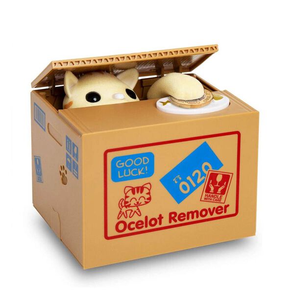 Münzstehlende Katze Spardose, Größe 12x10x9 cm, 2xAA (Batterien nicht inkl.) image number 0