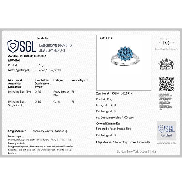 LUXURIANT DIAMOND -Lab Grown Blauer Diamant SI-GH, Lab Grown Diamant SI-GH SGL zertifiziert Ring 925 Silber rhodiniert (Gr&ouml;&szlig;e 18.00) ca. 1.02 ct image number 5