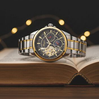 GENOA TIME V2 - Automatik-Armbanduhr, Mechanisches Uhrwerk, Edelstahlarmband, bicolor, Schwarzes Zifferblatt