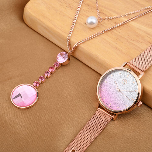2er-Set - STRADA Uhr und Halskette mit rosa Kristall - 6 ct. image number 1
