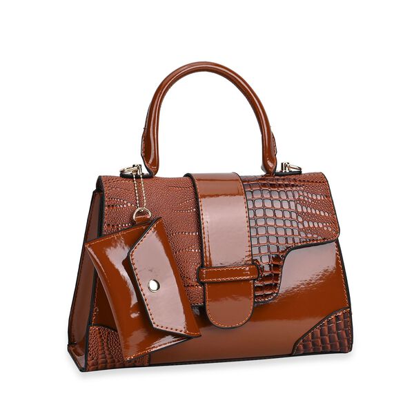 Premium PU Lackleder Handtasche mit Schlangen Pr&auml;gung und extra Riemen, 28 x 19 x 11 cm, Cognac image number 5