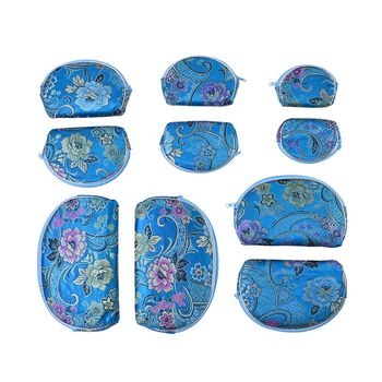 10er-Set Jacquard gewebter Schmuckbeutel mit Rei&szlig;verschluss, 5 verschiedene Gr&ouml;&szlig;en, Blau