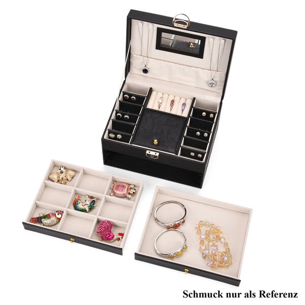 3-lagige PU Schmuckk&auml;stchen mit gepr&auml;gtem Blumenmuster, 22x17x13 cm, Schwarz image number 7