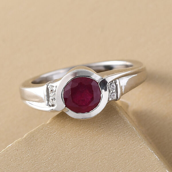 Afrikanischer Rubin und wei&szlig;er Zirkon-Ring, (Fissure gef&uuml;llt), 925 Silber platiniert image number 2