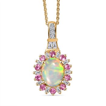 AA Nat&uuml;rlicher, &auml;thiopischer Welo Opal, Rosa Turmalin Bl&uuml;tenzauber Anh&auml;nger mit Kette ca. 50 cm, 925 Silber 750 Gelbgold Vermeil ca. 1.73 ct