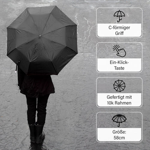 Sturmfester Regenschirm mit Aufbewahrungstasche, 58cm, Schwarz image number 1