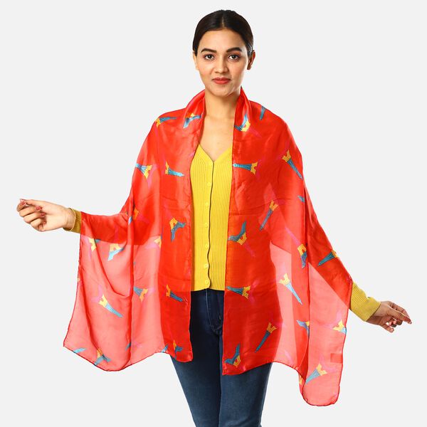 100% nat&uuml;rlicher Satin Seiden Schal, Eiffelturm Muster, Rot