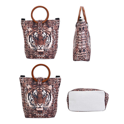 Handtasche mit Holzgriff, Tiger Muster, Größe 32x12x29cm, Braun image number 1
