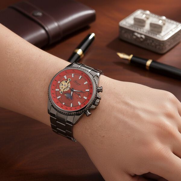 GENOA TIME Bicolor Armbanduhr, Edelstahlarmband, 42mm Geh&auml;use, Schwarz Rot image number 2